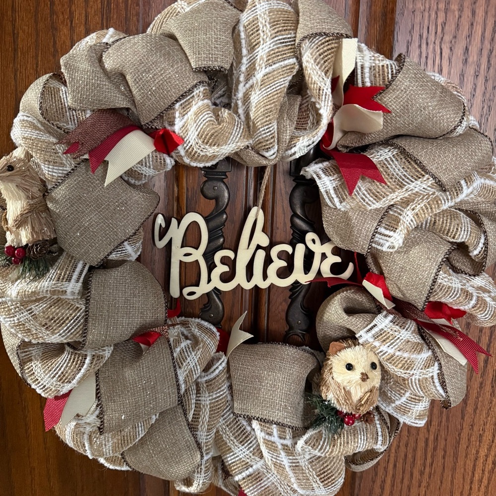 NEW Handmade Deco and Burlap Ribbon Believe Wreath